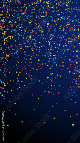 Festive awesome confetti. Celebration stars. Colorful confetti on dark blue background. Gorgeous festive overlay template. Vertical vector background.