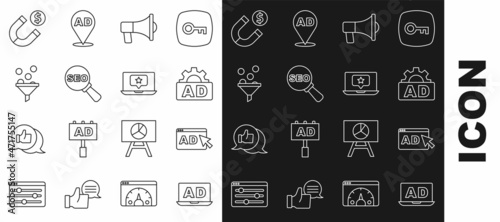 Set line Advertising, Megaphone, SEO optimization, Lead management, Magnet with money and Laptop star icon. Vector