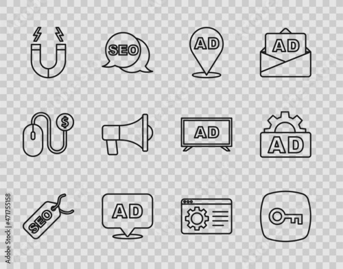 Set line SEO optimization, Key, Advertising, Magnet, Megaphone, Browser setting and icon. Vector