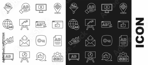 Set line SEO optimization, Advertising, Customer product rating, Monitor with star, Board graph chart, Lead management and icon. Vector