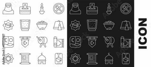 Set line Star and crescent, Traditional carpet, Turkish hat, Burning candle, Glass with water, Kaaba mosque, Muslim woman niqab and Date fruit bowl icon. Vector