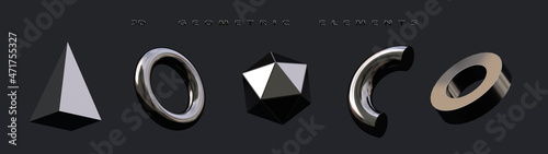 Geometric 3d shapes. Festive set black and metal decorative elements or figures on dark background. Isolated objects for design close up. 3d render