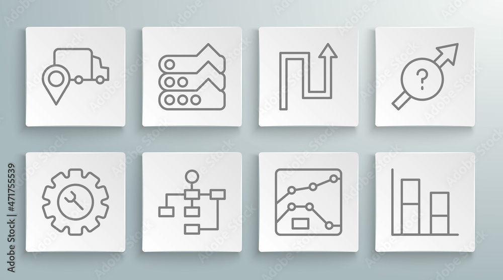 Set line Wrench and gear, Graph, chart, diagram, Hierarchy organogram, Arrow, and Delivery tracking icon. Vector