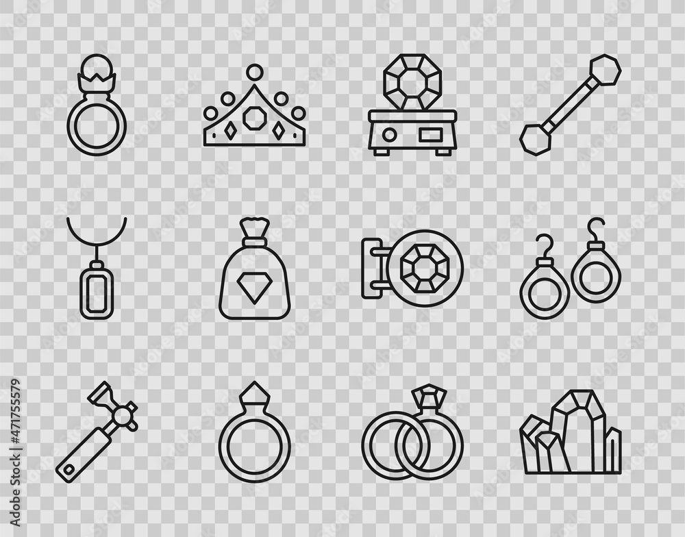 Set line Jewelers lupe, Gem stone, Diamond engagement ring, Bag with gems, Wedding rings and Earrings icon. Vector Set line Jewelers lupe, Gem stone, Diamond engagement ring, Bag with gems, Wedding rings and Earrings icon. Vector