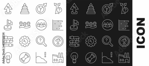 Set line Factory, Digital speed meter, Pie chart infographic, Financial growth, Location, Flag, Percent up arrow and Project team base icon. Vector