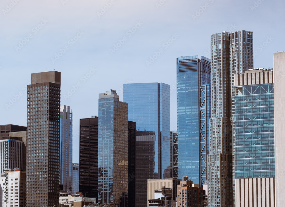 Fototapeta premium City skyline Manhattan New York City Downtown Architecture Building Usa VIew Travel Skycrapper Cityscape downtown business financial office high sky cloudy panorama panoramic