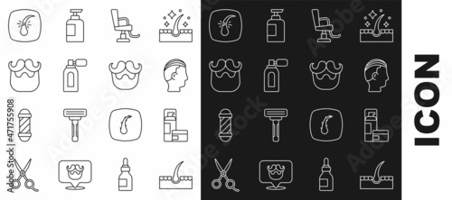 Set line Human hair follicle, Shaving gel foam, Hairstyle for men, Barbershop chair, Aftershave with atomizer, Mustache and beard, Broken and icon. Vector