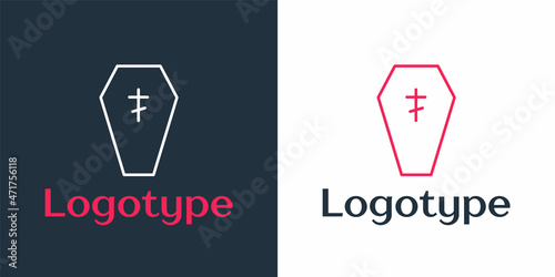 Logotype line Coffin with christian cross icon isolated on white background. Happy Halloween party. Logo design template element. Vector