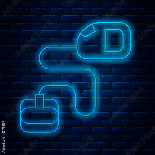 Glowing neon line Retractable cord leash with carabiner icon isolated on brick wall background. Pet dog lead. Animal accessory for outdoors walk. Vector