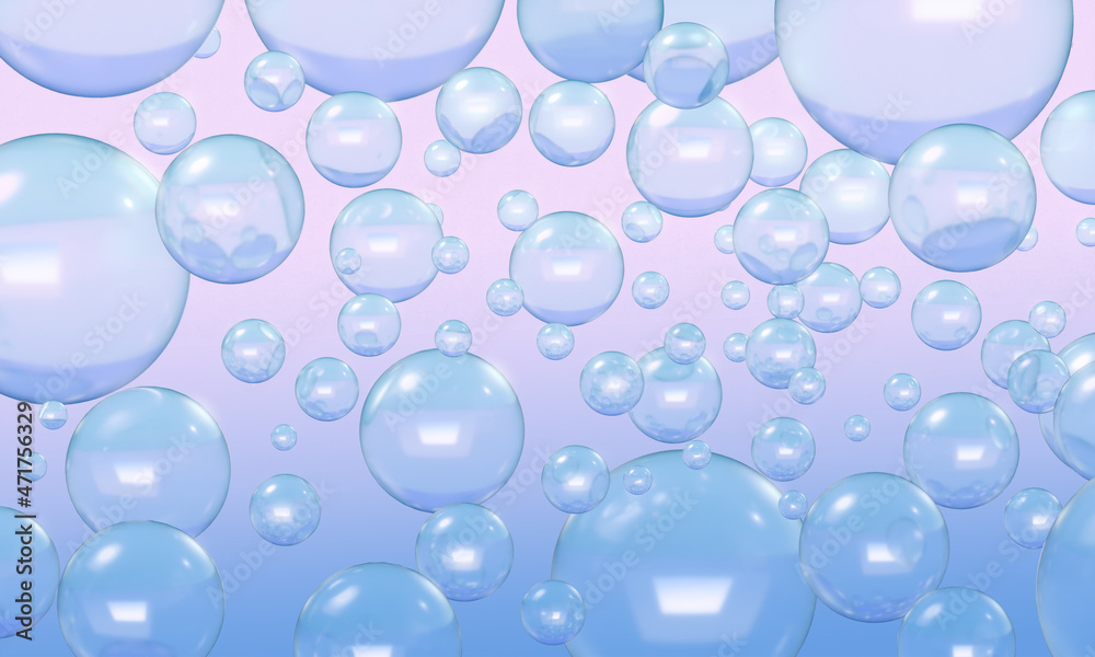 Soap bubbles. Blue and purple water bubbles. Three-dimensional cells. H2o spheres. 3D render