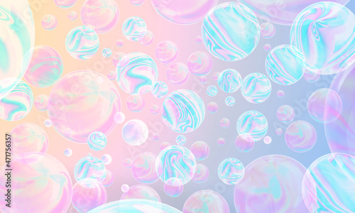 Transparent soap bubbles with brightly colored reflections. Iridescent luminous spheres. Bubble gum. 3d render-Vista actual