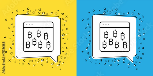 Set line Cryptocurrency coin Bitcoin icon isolated on yellow and blue background. Physical bit coin. Blockchain based secure crypto currency. Vector