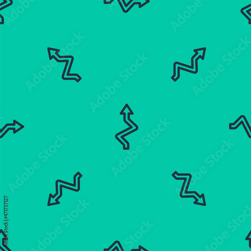 Blue line Arrow icon isolated seamless pattern on green background. Direction Arrowhead symbol. Navigation pointer sign. Vector