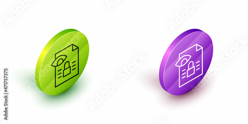 Isometric line Journalistic investigation icon isolated on white background. Financial crime, tax evasion, money laundering, corruption. Green and purple circle buttons. Vector