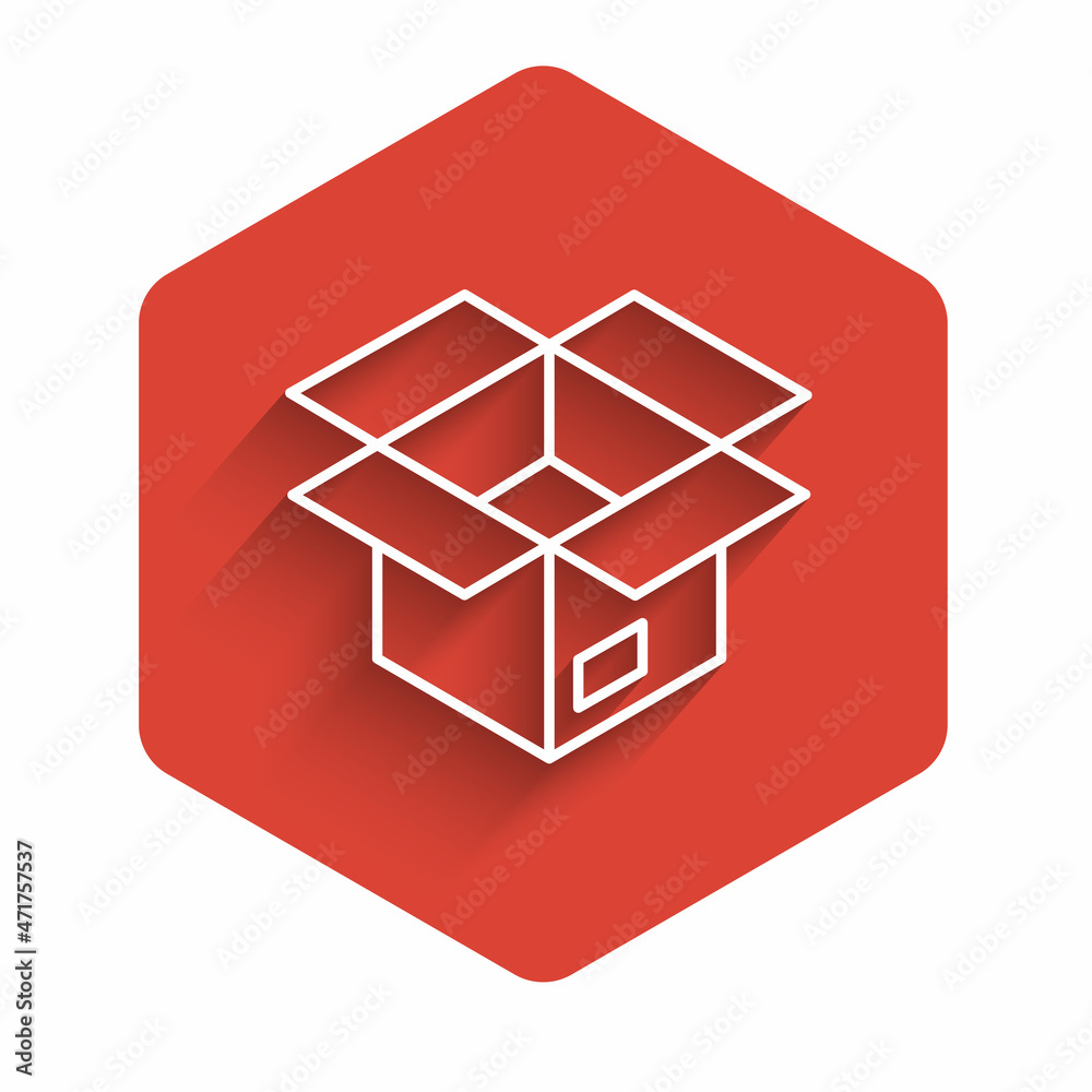 White line Unboxing icon isolated with long shadow background. Red hexagon button. Vector White line Unboxing icon isolated with long shadow background. Red hexagon button. Vector