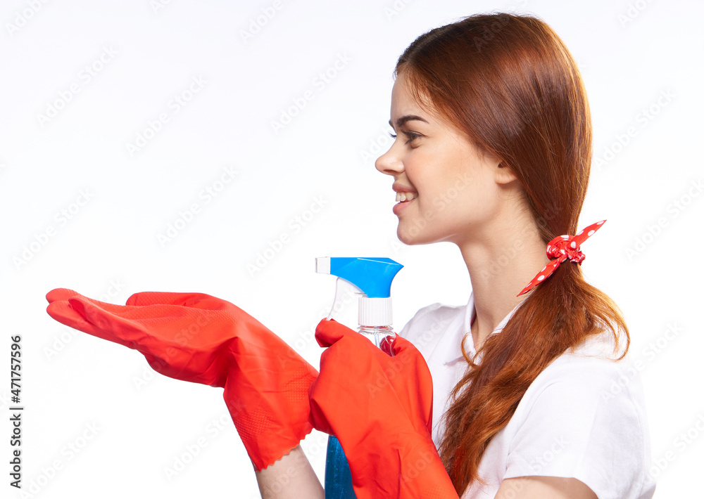 cheerful woman in red rubber gloves detergent washing windows cheerful woman in red rubber gloves detergent washing windows