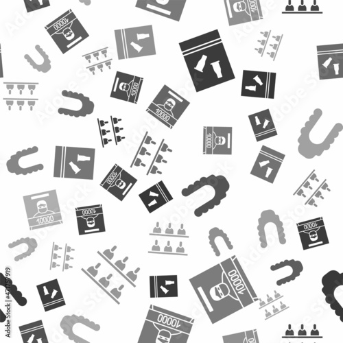 Set Evidence bag and bullet, Wanted poster, Judge wig and Jurors on seamless pattern. Vector