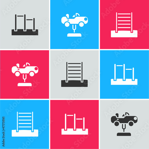 Set Horizontal bar, Swing car and Swedish wall icon. Vector