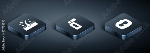 Set Isometric Oil for hair care treatment, Mustache and beard and Aftershave with atomizer icon. Vector