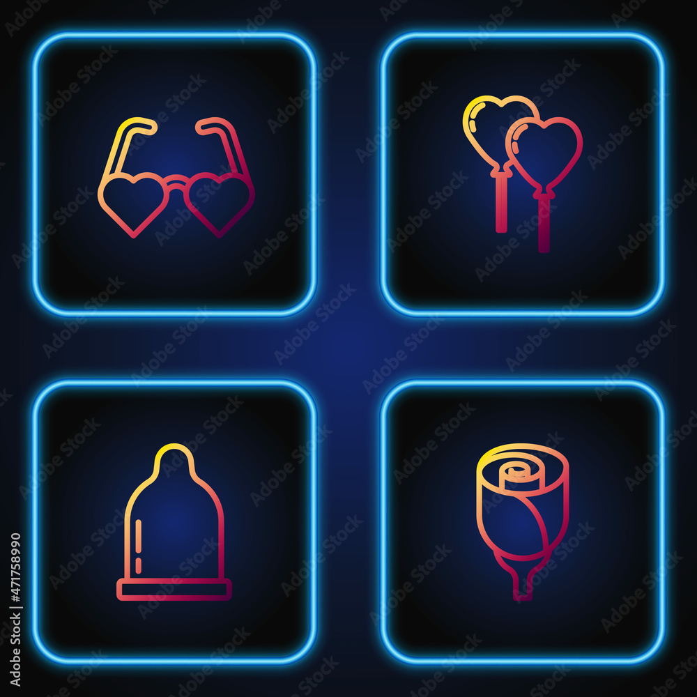 Set line Flower rose, Condom, Heart shaped love glasses and Balloons in form of heart. Gradient color icons. Vector Set line Flower rose, Condom, Heart shaped love glasses and Balloons in form of heart. Gradient color icons. Vector