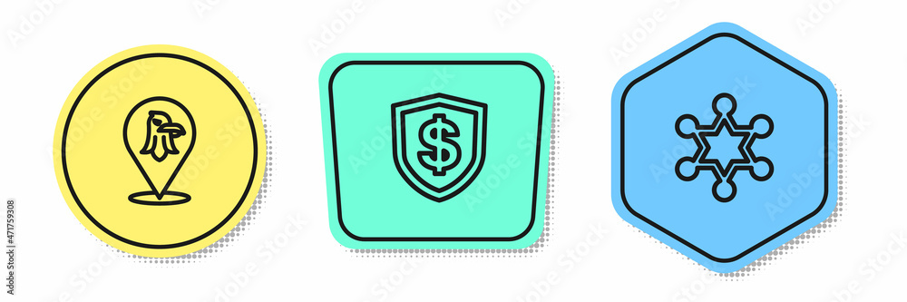 Set line Eagle, Shield with dollar and Hexagram sheriff. Colored shapes. Vector