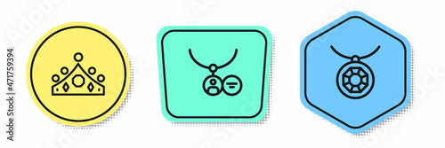 Set line King crown, Locket on necklace and Pendant. Colored shapes. Vector
