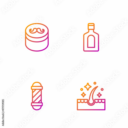 Set line Oil for hair care treatment, Classic Barber shop pole, Gel wax styling and Bottle of shampoo. Gradient color icons. Vector