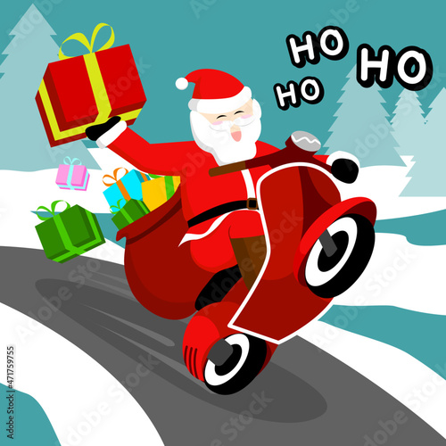 Santa drives a motorcycle to deliver Gifts to the children and everyone.