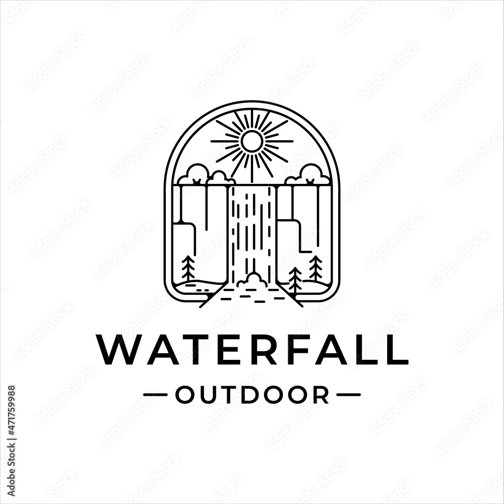 waterfall outdoor logo line art vector illustration template icon graphic design. simple minimalist of nature and adventure logo with badge emblem waterfall outdoor logo line art vector illustration template icon graphic design. simple minimalist of nature and adventure logo with badge emblem