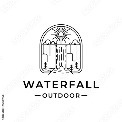 waterfall outdoor logo line art vector illustration template icon graphic design. simple minimalist of nature and adventure logo with badge emblem