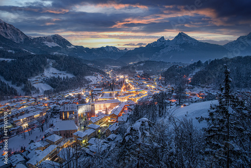 Snow-covered Berchtsgaden in winter, Bavaria, Germany