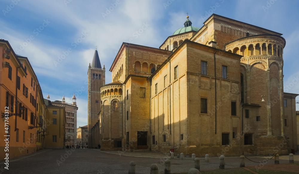 Baptistery and Cathedral is religious landmark of italian city Parma outdoors.