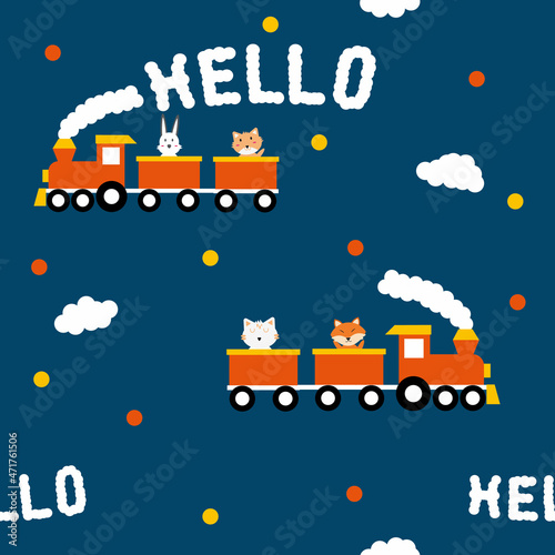 cute train with animal riding in blue background seamless pattern for print or fabric