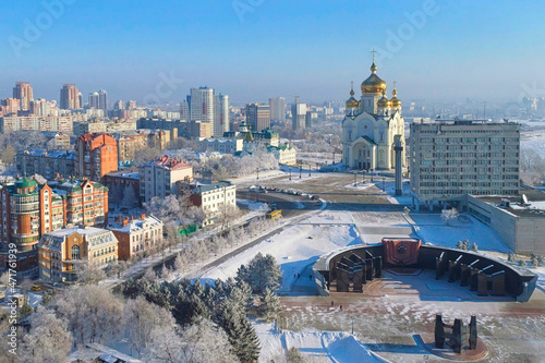 Winter Khabarovsk. Transfiguration Cathedral, Glory square. Far East, Russia.	
