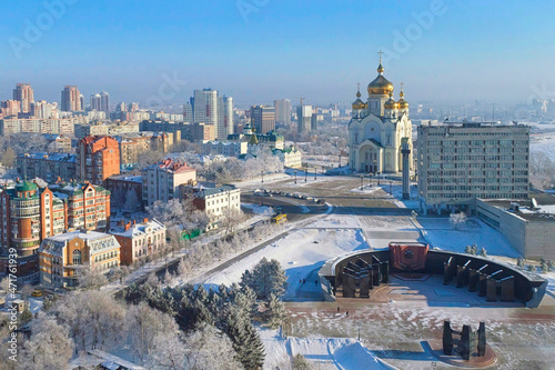 Winter Khabarovsk. Transfiguration Cathedral, Glory square. Far East, Russia.	
 photo