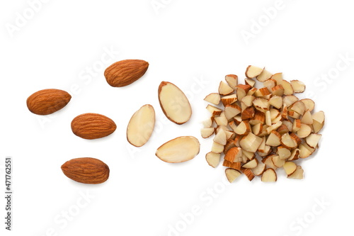 Photographie Raw almonds sliced isolated on white,top view.