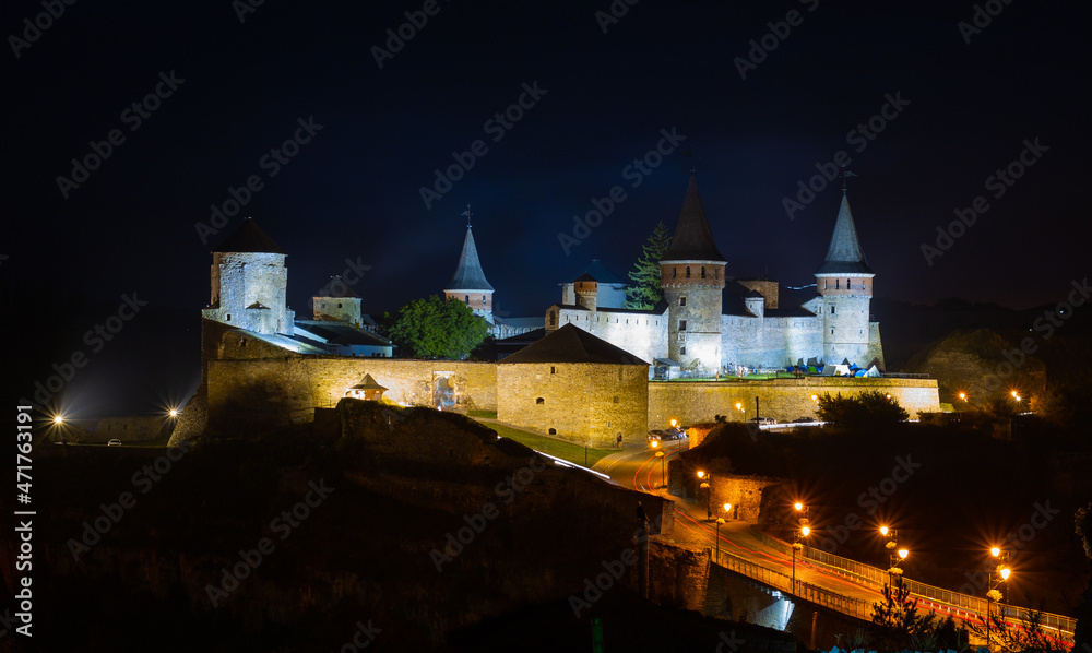 View of the medieval castle in Kam'yanets'-Podil's'kyi at night