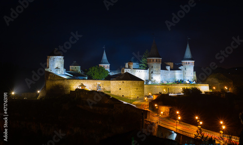 View of the medieval castle in Kam'yanets'-Podil's'kyi at night