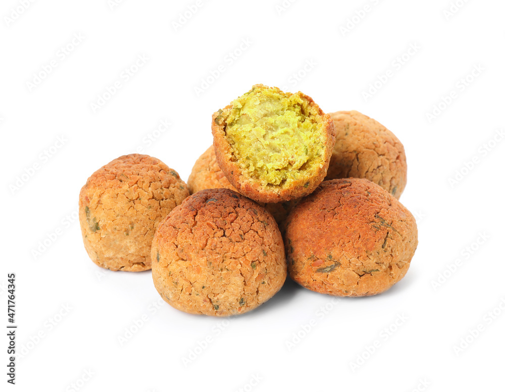 Pile of delicious falafel balls on white background