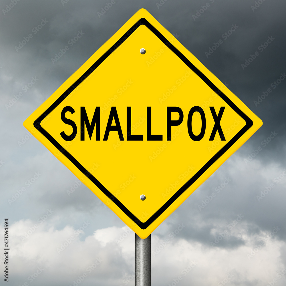 Rendering of a yellow highway sign with disease warning and black clouds in the background Rendering of a yellow highway sign with disease warning and black clouds in the background