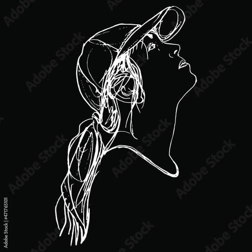 Female portrait. Raised up head in profile. Young woman with ponytail in a baseball cap looking up. Hand drawn linear doodle rough sketch. White silhouette on black background.