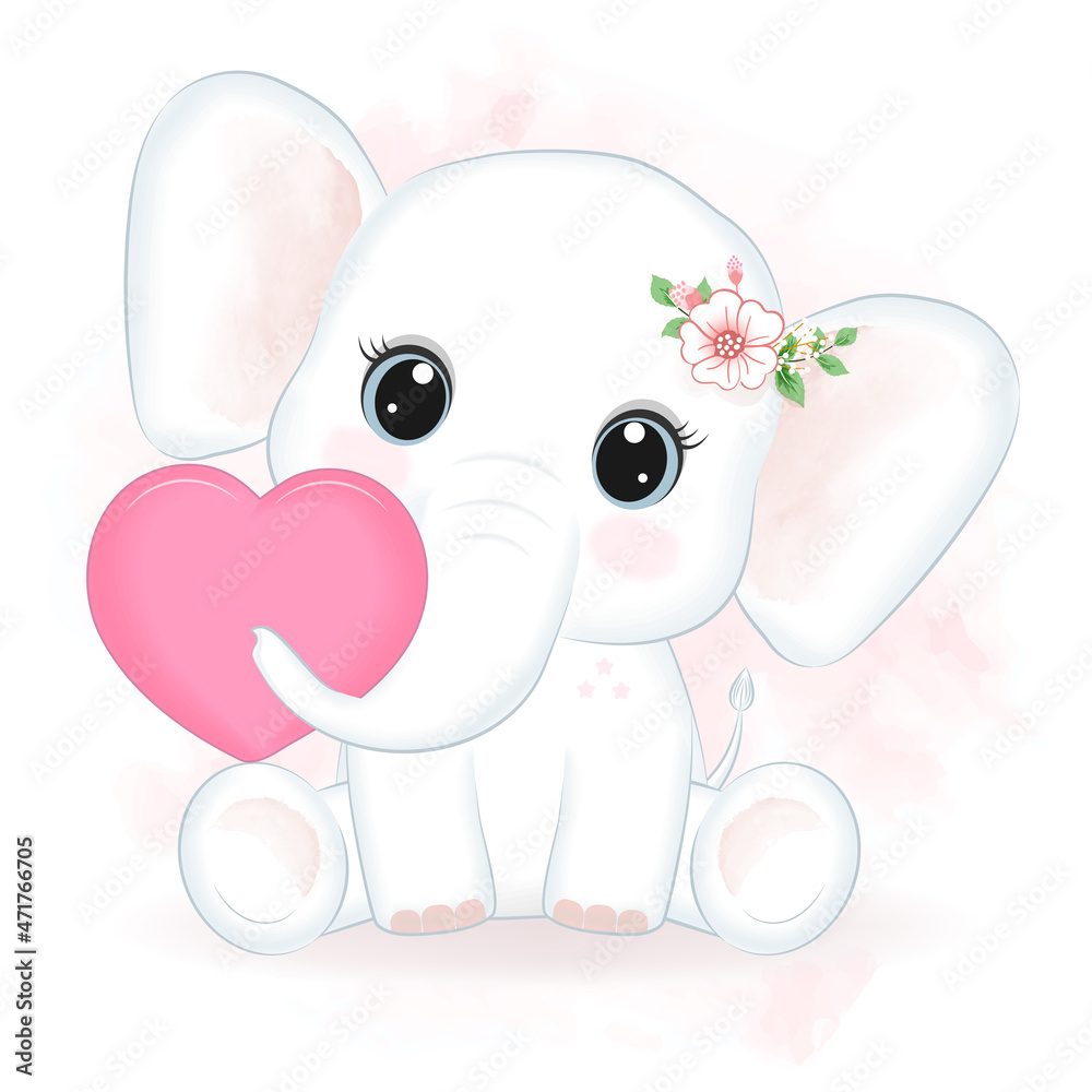 Fototapeta premium Cute little Elephant and heart hand drawn illustration