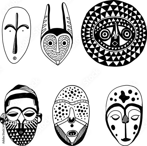 African tribal ritual masks set. Doodle black and white shamanic illustrations. Line art sketch collection. Vector artwork