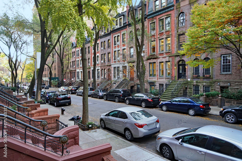 New York residential street near Central Park with elegant old townhouses