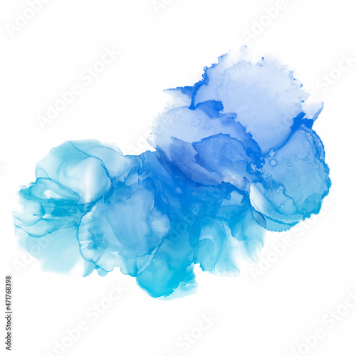 Abstract blue painting by watercolor and alcohol ink texture isolated on white background.