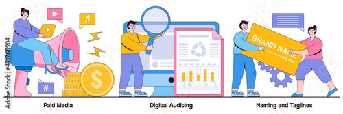 Paid media, digital auditing, naming and taglines concept with tiny people. Marketing platform, online documentation inspection, corporate identity development abstract vector illustration set