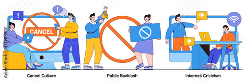 Cancel culture, public backlash, Internet criticism concept with tiny people. Social media behavior vector illustration set. Group shaming, boycott, hate speech, bias and discrimination metaphor