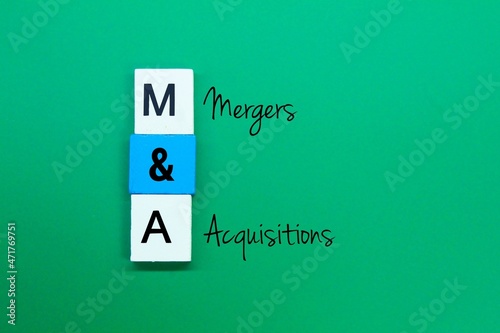 blue and white rectangles with the words merger and acquisition or the letters M And A