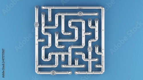 Oil pipes on a blue background. A maze and a QR code form made of steel pipes. 3d illustration.