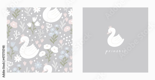Fototapeta Naklejka Na Ścianę i Meble -  Cute hand drawn Swan and Flowers - vector print. Seamless pattern with cartoon swan, flowers, leaf 